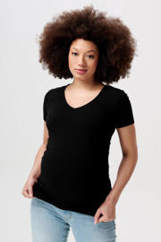 thumbnail: Zwarte dames Noppies maternity zwangerschapsshirt Jadie van polyester met effen, korte mouwen en V-hals