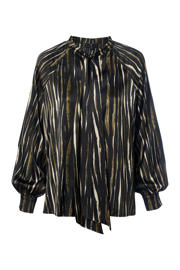 thumbnail: Zwart en bruine dames Mart Visser blouse met lange mouwen, opstaande kraag en knoopsluiting