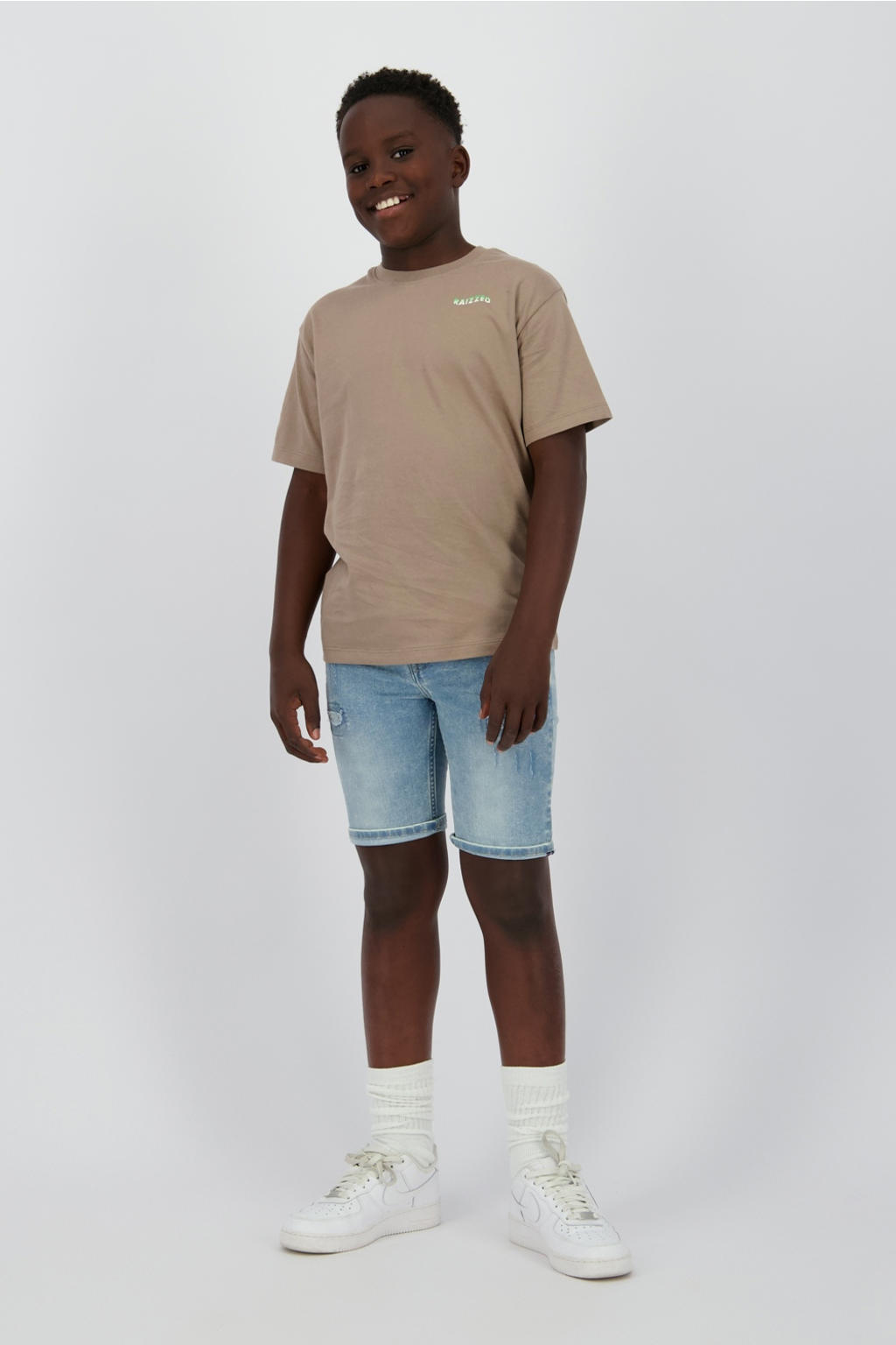 Bruine jongens Raizzed T-shirt van katoen met backprint, korte mouwen en ronde hals