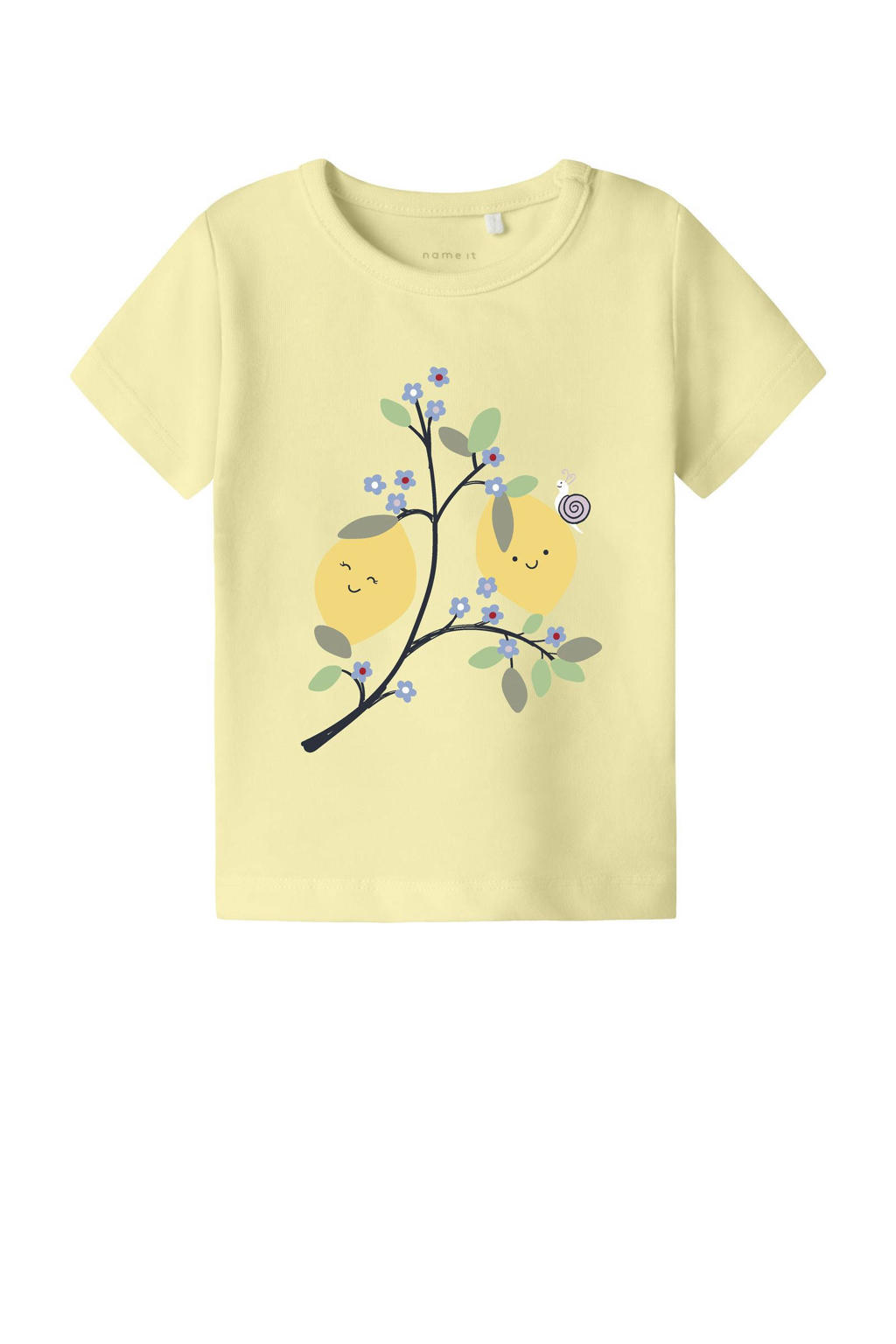 Lichtgele meisjes NAME IT BABY T-shirt van stretchkatoen met printopdruk, korte mouwen en ronde hals