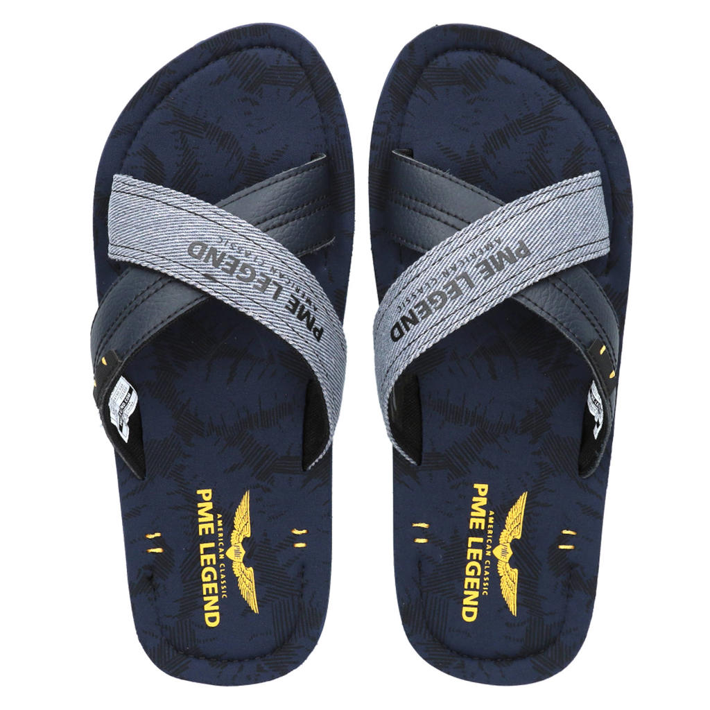 Donkerblauwe heren PME Legend Sandal Haig slippers van textiel en imitatieleer met logo