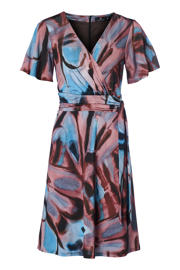thumbnail: Blauw en roze dames Mart Visser midi jurk van polyester met korte mouwen, V-hals en ritssluiting