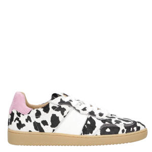 Poona  leren sneakers met ponyhair en koeienprint zwart/wit