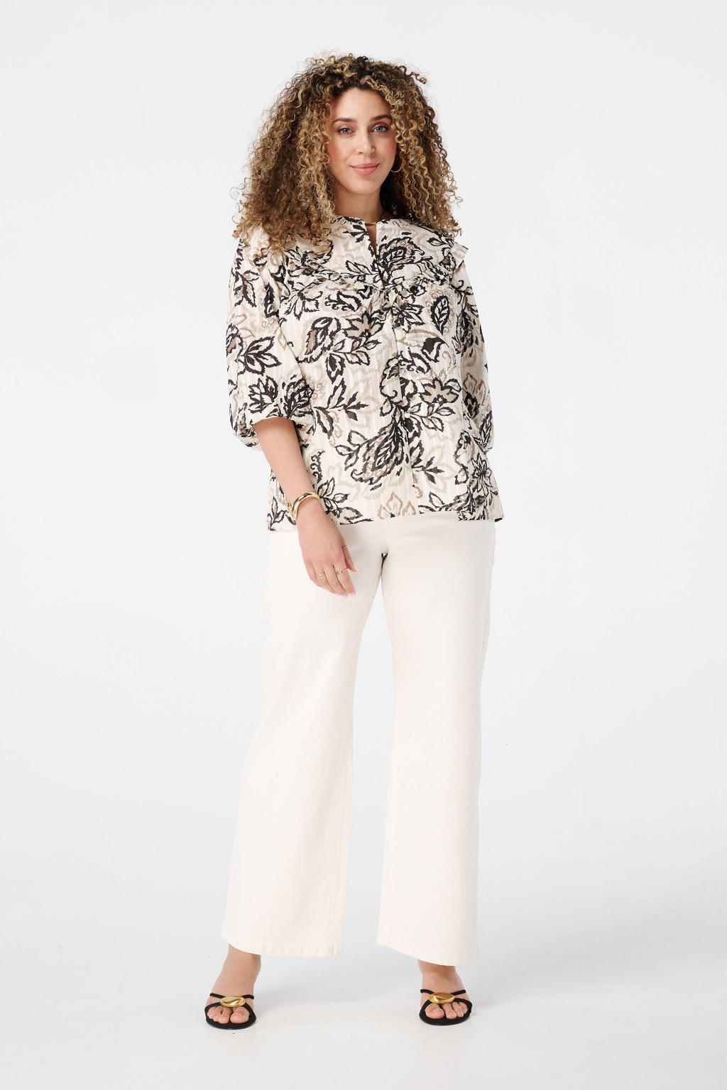 Taupe dames MS Mode blouse van katoen met driekwart mouwen, klassieke kraag, knoopsluiting en lurex