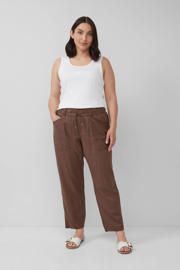thumbnail: Donkerblauwe dames s.Oliver Curve linnen tapered regular waist casual broek met elastische tailleband met koord en effen