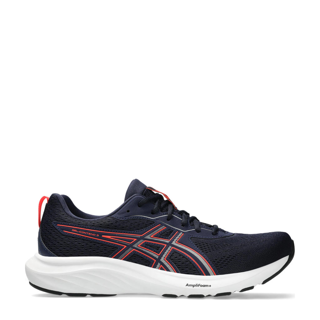 Donkerblauw en rode heren ASICS Gel-Contend 9 hardloopschoenen van mesh-pu/voering: mesh/voetbed: eva met veters