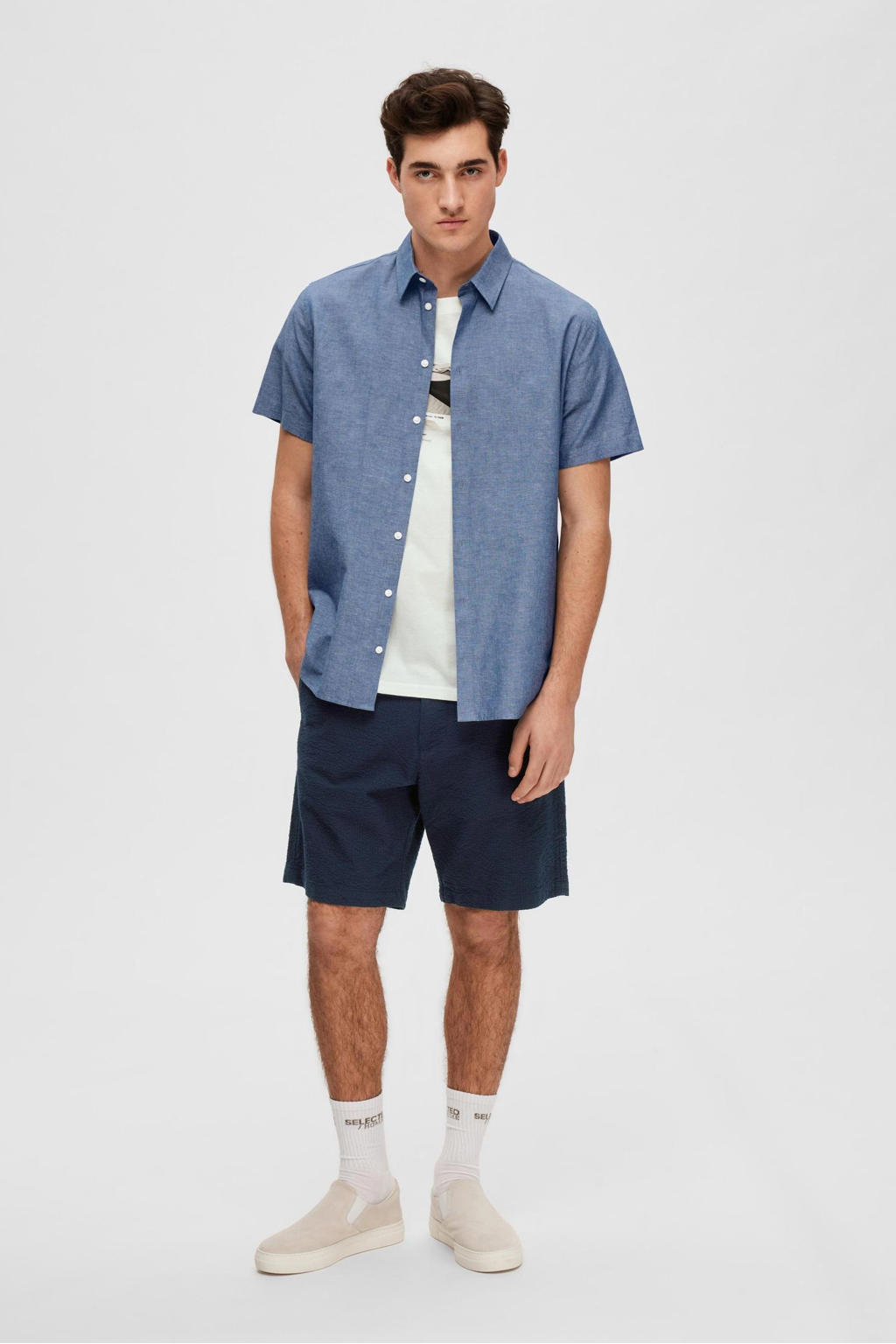 Blauwe heren SELECTED HOMME linnen casual overhemd met korte mouwen, klassieke kraag en knoopsluiting