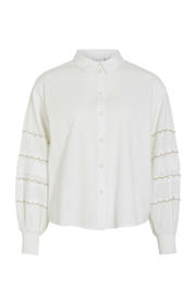 thumbnail: Wit en beige dames VILA asymmetrische top blouse van katoen met strepenprint, lange mouwen, klassieke kraag, knoopsluiting en borduursels